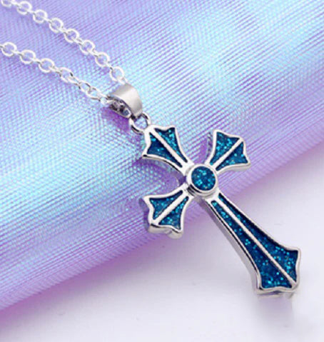 Stylized Old World Cross Necklace Blue
