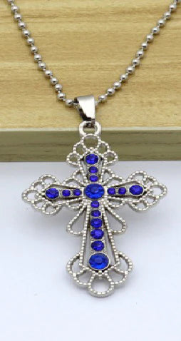 Filigree Blue Rhinestone Cross Necklace