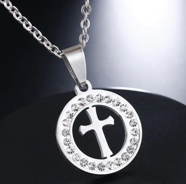 Cross in Circle and Rhinestone Necklace