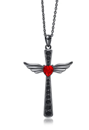 Ruby Heart Angel Cross Necklace
