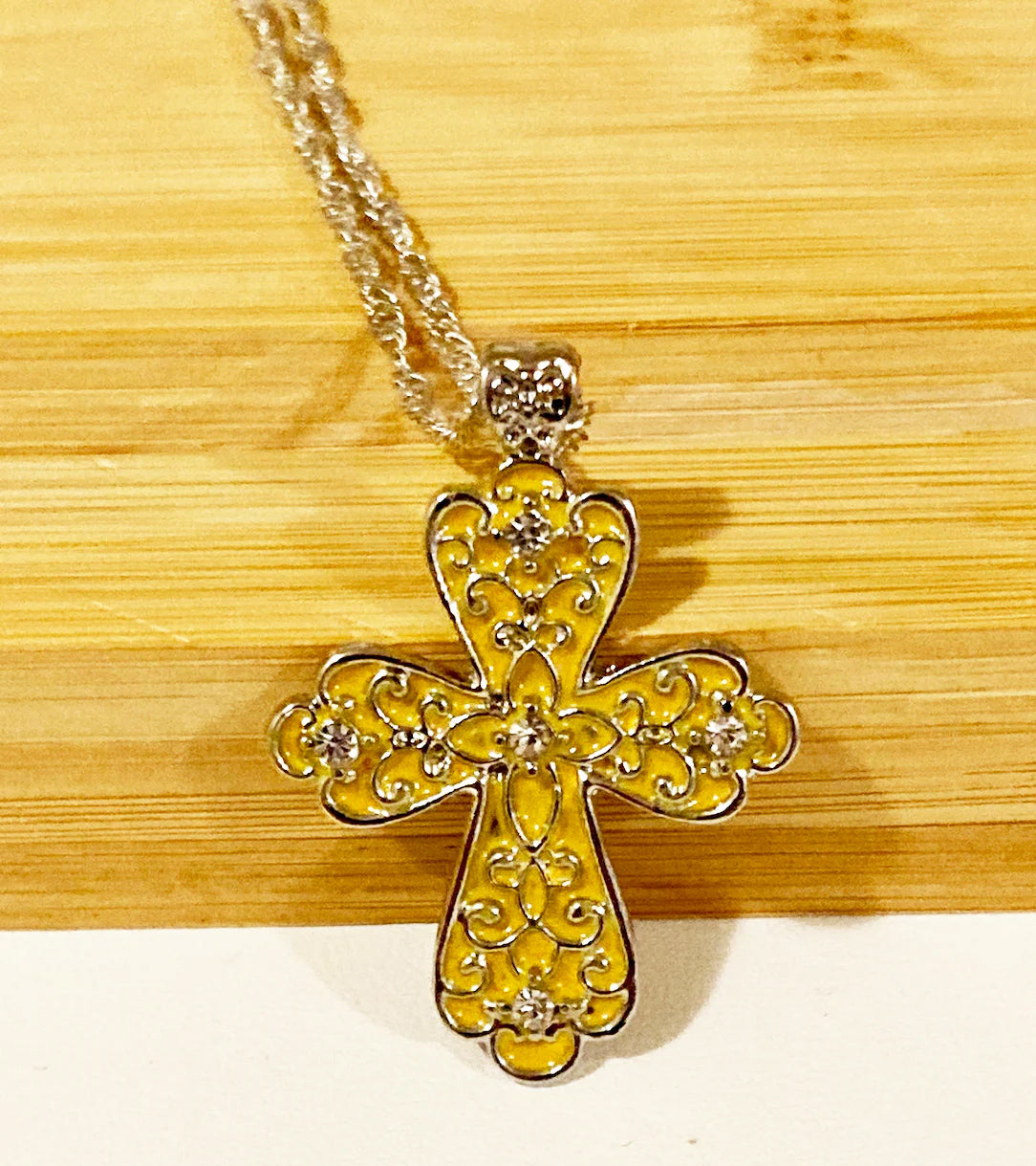 Filigree Cross Necklace with Rhinestones