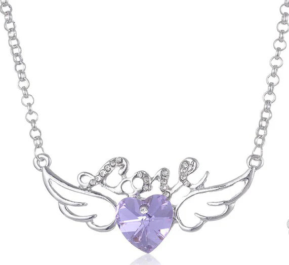 Lilac Heart Angel Wings Love Necklace