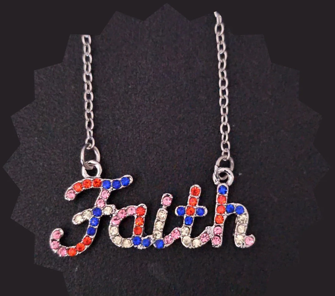 Multi-color Rhinestone Faith Necklace Silver