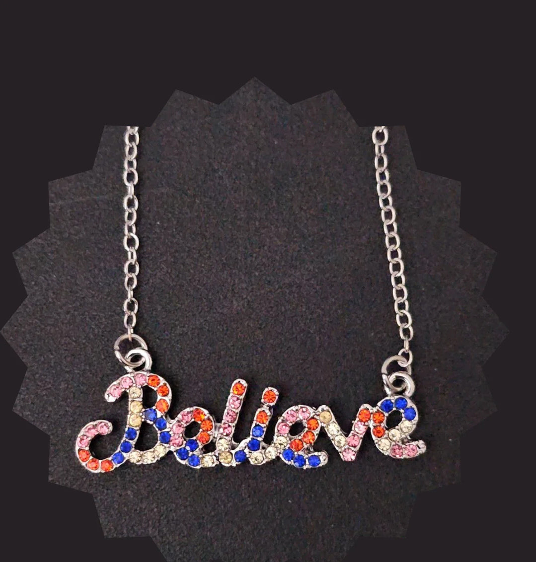 Multi-color Rhinestone Believe Necklace Silver