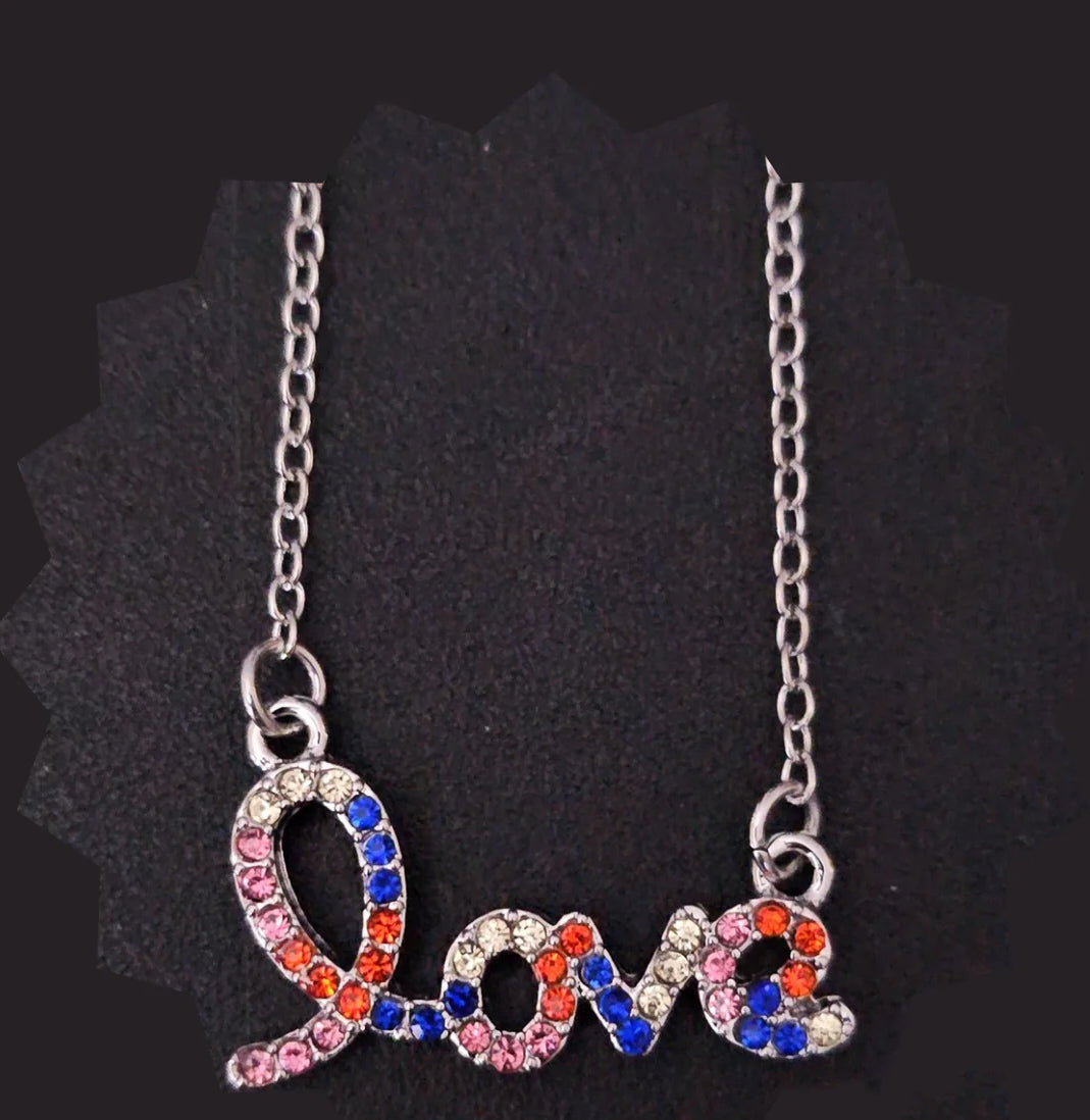Multi-color Rhinestone Love Necklace Silver