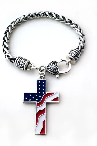 American Flag Cross Twisted Chain Bracelet