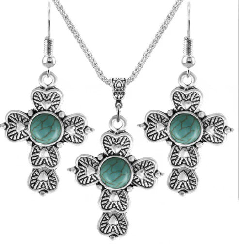 Cross Turquoise Cabochon Necklace Earring Set
