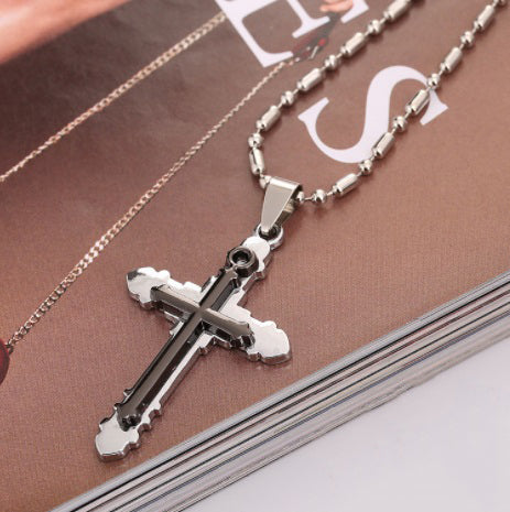 Double Layered Cross Ebony on Silver Necklace