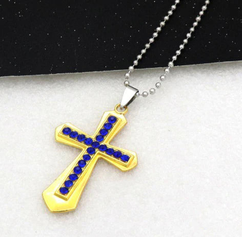 Gold Cross Blue Rhinestone Necklace