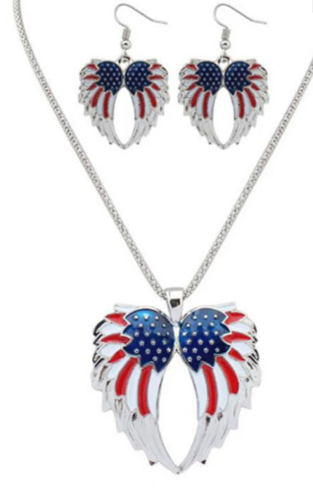 USA Guardian Angel Wings Necklace Earring Set