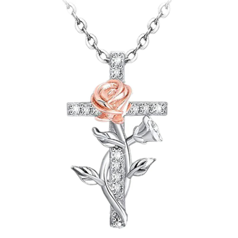 Climbing Rose Rhinestone Cross Necklace