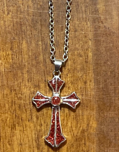 Stylized Old World Cross Necklace Red