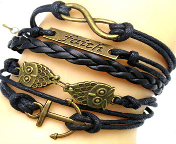Faith Infinity Owl Anchor Leather Bracelet