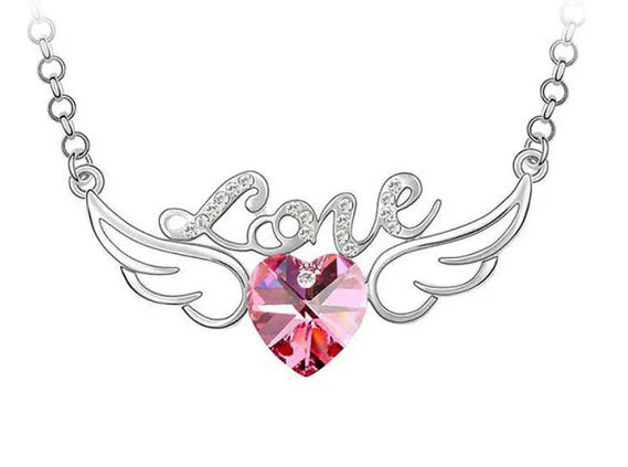 Pink Heart Angel Wings Love Necklace
